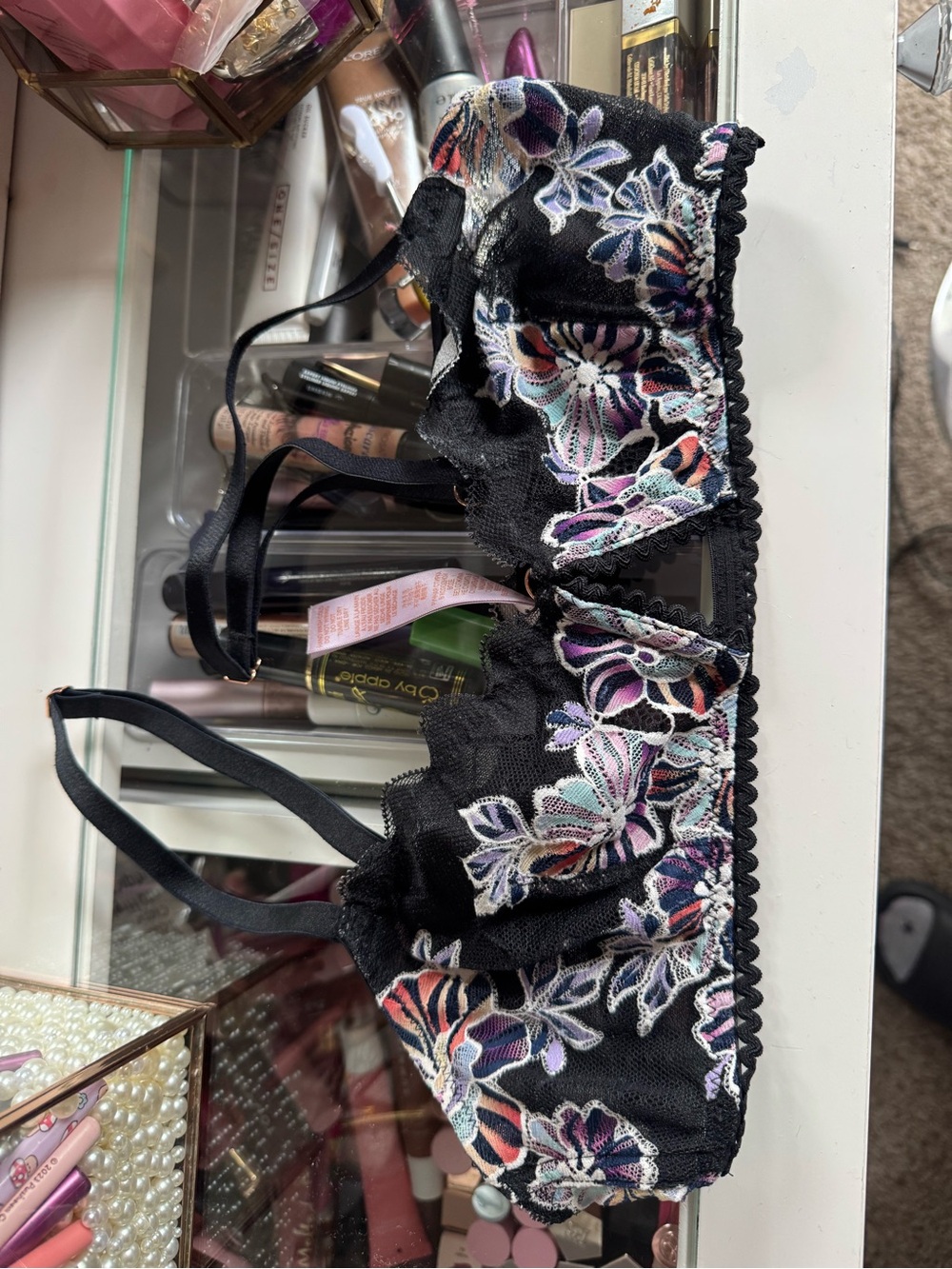 Savage X Fenty Black Lace Bralette with Multicolor Floral Embroidery
